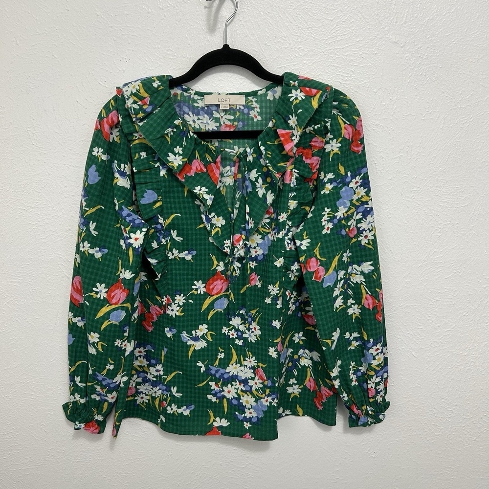 LOFT Green Floral Ruffle Tie Neck Blouse Cottagecore Romantic Top Peasant Size M